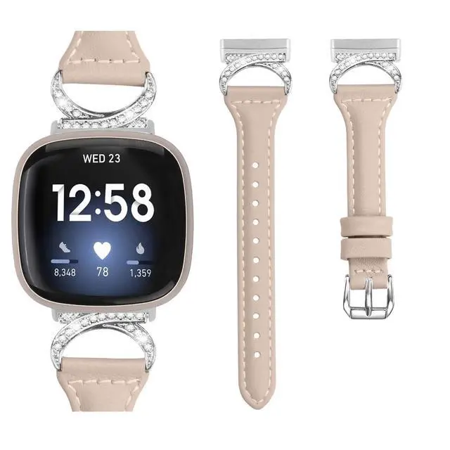 Alt view image 2 of 6 - Compatible with Fitbit Sense 2/Fitbit Versa 4 3 Bands for Women Men, Soft Genuine Leather Band Slim Strap Replacement Accessory Wristband + Metal rhinestone Adapter
