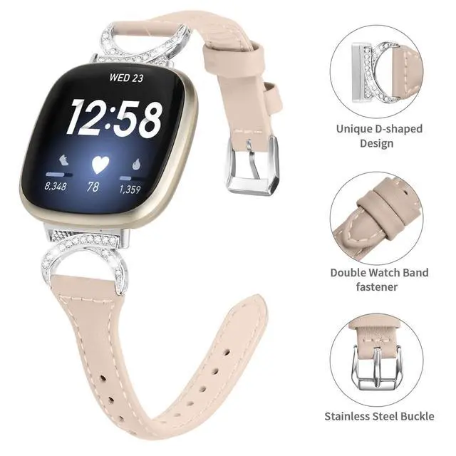Alt view image 3 of 6 - Compatible with Fitbit Sense 2/Fitbit Versa 4 3 Bands for Women Men, Soft Genuine Leather Band Slim Strap Replacement Accessory Wristband + Metal rhinestone Adapter