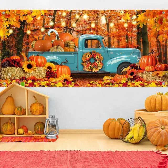 Alt view image 4 of 6 - 7X8ft Fall Truck Garage Door Background Autumn Thanksgiving Pumpkin Harvest Maple Leaves Forest Sunflower Decorations Backdrop Hay Maple Leaves Baby Shower Indoor Outdoor Decor Banner Cover