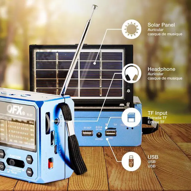 Alt view image 7 of 7 - R-37-BL 6-Band (AM, FM, SW1 - SW4) Bluetooth LED Flashlight Solar Radio (2021 Model) | LED Flashlight, 5V USB Charging Port, USB Charging Cord, TF/USB Inputs, Telescoping Antenna