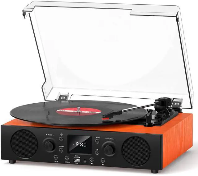 Main image of Record Player with Built-in Speakers, Vintage Bluetooth Turntable 3 Speed with USB Recording, RCA Line Out & AXU-in, FM Radio, Bluetooth Receiving,Vinyl Record Player Orange