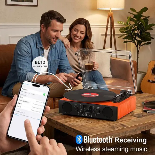 Alt view image 2 of 6 - Record Player with Built-in Speakers, Vintage Bluetooth Turntable 3 Speed with USB Recording, RCA Line Out & AXU-in, FM Radio, Bluetooth Receiving,Vinyl Record Player Orange