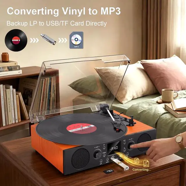 Alt view image 3 of 6 - Record Player with Built-in Speakers, Vintage Bluetooth Turntable 3 Speed with USB Recording, RCA Line Out & AXU-in, FM Radio, Bluetooth Receiving,Vinyl Record Player Orange