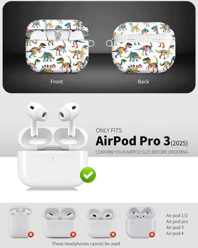 Alt view image 3 of 6 - Compatible with AirPod Pro 3 Case 2025,Shockproof Hard Protective Case,Wireless Charging Compatible, Trendy Elegant Design Cover for Women Men(Colorful Dinosaur Skeletons)