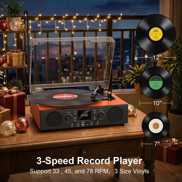 Alt view image 4 of 6 - Record Player with Built-in Speakers, Vintage Bluetooth Turntable 3 Speed with USB Recording, RCA Line Out & AXU-in, FM Radio, Bluetooth Receiving,Vinyl Record Player Orange