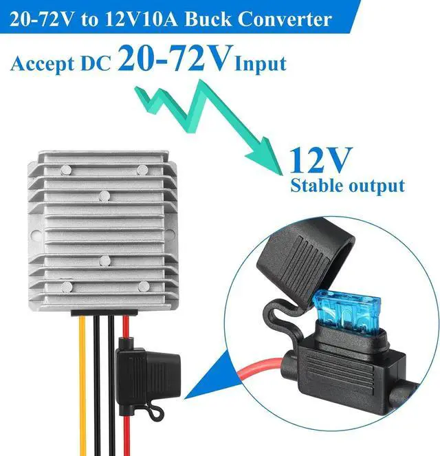 Alt view image 2 of 7 - 20-72V to 12V 10A 120W Waterproof DC-DC Buck Converter with Fuse | Step Down Converter for Automotive, Led Lights, Construction Sites, Tools