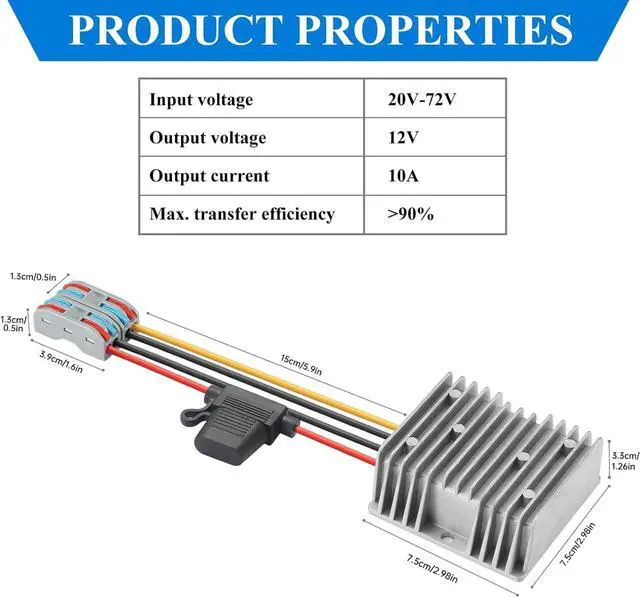 Alt view image 4 of 7 - 20-72V to 12V 10A 120W Waterproof DC-DC Buck Converter with Fuse | Step Down Converter for Automotive, Led Lights, Construction Sites, Tools