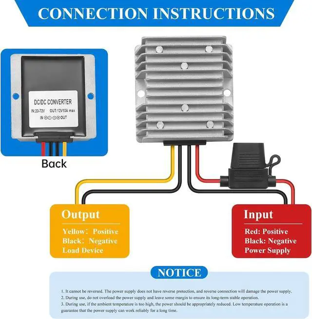 Alt view image 5 of 7 - 20-72V to 12V 10A 120W Waterproof DC-DC Buck Converter with Fuse | Step Down Converter for Automotive, Led Lights, Construction Sites, Tools