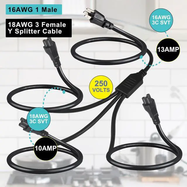 Alt view image 2 of 7 - Triple C5 Splitter Power Cord 6FT, NEMA 5-15P to 3X IEC 60320 C5 Female, 1 Outlet to 3 Devices AC Power Cable, Cloverleaf Y Splitter Cord for Laptop Chargers, Monitors, Printers & Projectors