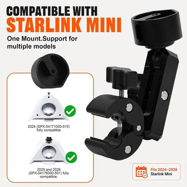 Alt view image 3 of 7 - Starlink Mini Clamp Mount 2026/2025/2024 New Upgraded, Aluminum Alloy Arm with Dual Adjustable Ball Head, Upgrade Star Link Mini Pipe Adapter Fits 0.7"-1.75" Tubes for RV, Boat,Pole,Guardrail,Camper