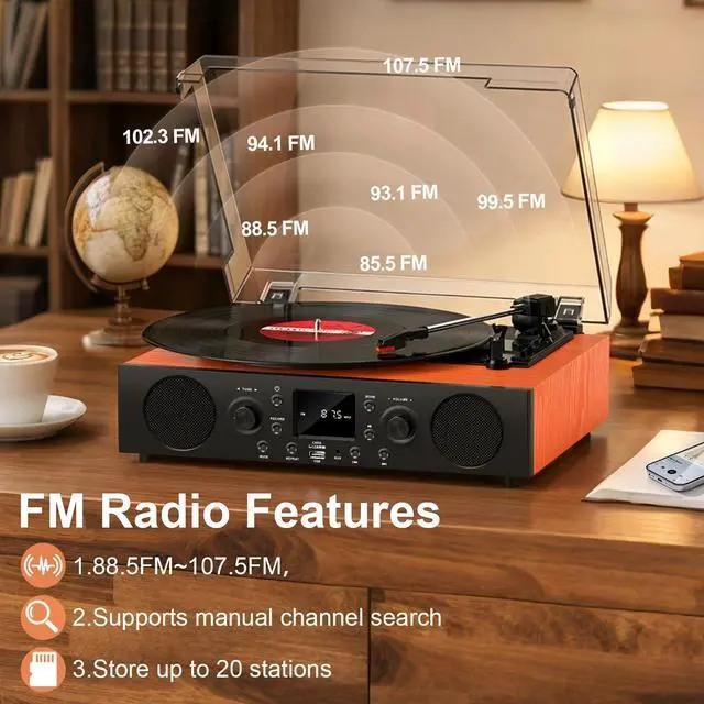 Alt view image 5 of 6 - Record Player with Built-in Speakers, Vintage Bluetooth Turntable 3 Speed with USB Recording, RCA Line Out & AXU-in, FM Radio, Bluetooth Receiving,Vinyl Record Player Orange