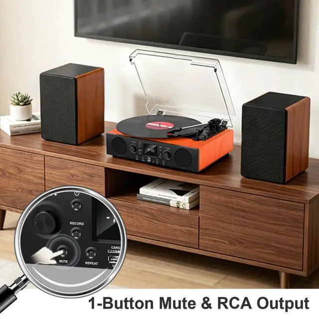 Alt view image 6 of 6 - Record Player with Built-in Speakers, Vintage Bluetooth Turntable 3 Speed with USB Recording, RCA Line Out & AXU-in, FM Radio, Bluetooth Receiving,Vinyl Record Player Orange