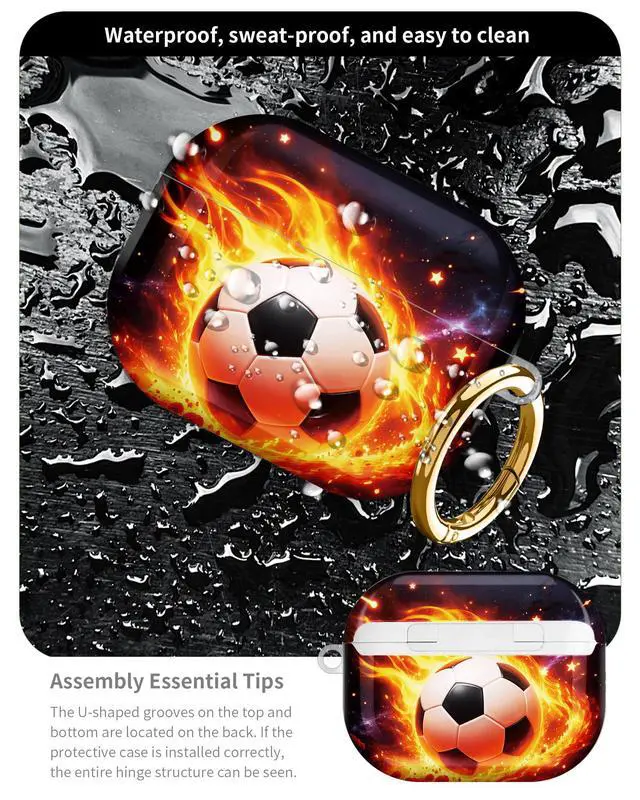 Alt view image 5 of 6 - Compatible with AirPod Pro 3 Case 2025,Shockproof Hard Protective Case,Wireless Charging Compatible, Trendy Elegant Design Cover for Women Men(Fire Soccer Ball Cosmic Stars)