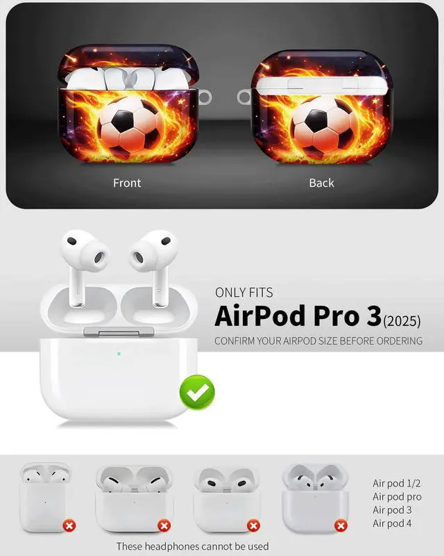 Alt view image 3 of 6 - Compatible with AirPod Pro 3 Case 2025,Shockproof Hard Protective Case,Wireless Charging Compatible, Trendy Elegant Design Cover for Women Men(Fire Soccer Ball Cosmic Stars)