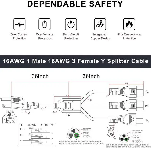 Alt view image 4 of 7 - Triple C5 Splitter Power Cord 6FT, NEMA 5-15P to 3X IEC 60320 C5 Female, 1 Outlet to 3 Devices AC Power Cable, Cloverleaf Y Splitter Cord for Laptop Chargers, Monitors, Printers & Projectors