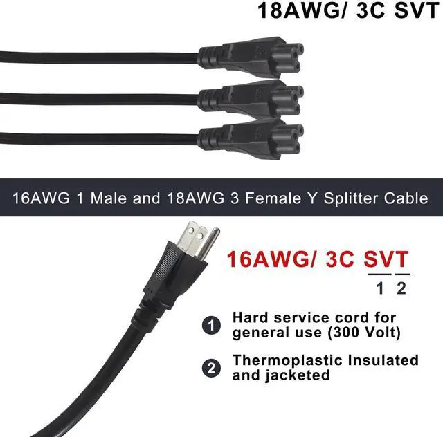Alt view image 7 of 7 - Laptop Y Splitter Power Cord, 3FT NEMA 5-15P to 3X IEC 60320 C5 Female 3 Ways Outlet AC Power Cord, Universal 3-Slot Power Cable, C5 Y Spliiter for Notebooks/Monitor/TV/Printer