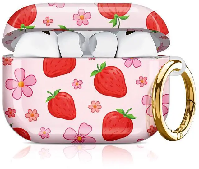 Main image of Compatible with AirPod Pro 3 Case 2025,Shockproof Hard Protective Case,Wireless Charging Compatible, Trendy Elegant Design Cover for Women Men(Strawberries Flowers Bows Pink Background)
