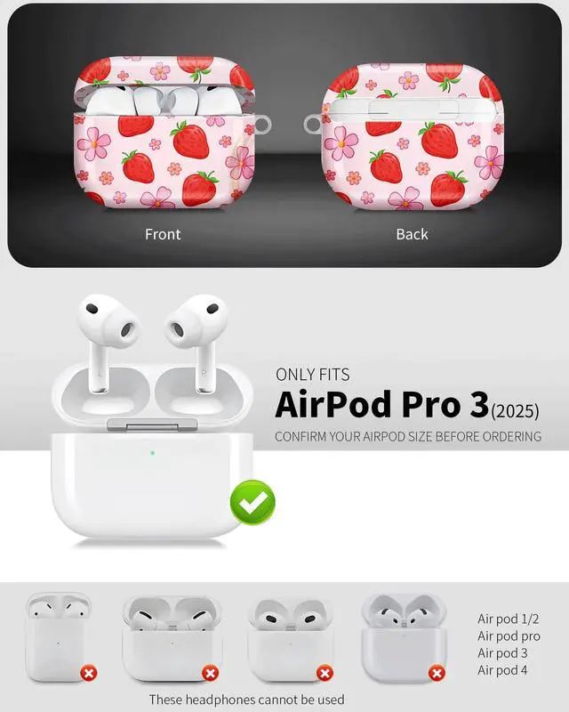 Alt view image 3 of 6 - Compatible with AirPod Pro 3 Case 2025,Shockproof Hard Protective Case,Wireless Charging Compatible, Trendy Elegant Design Cover for Women Men(Strawberries Flowers Bows Pink Background)