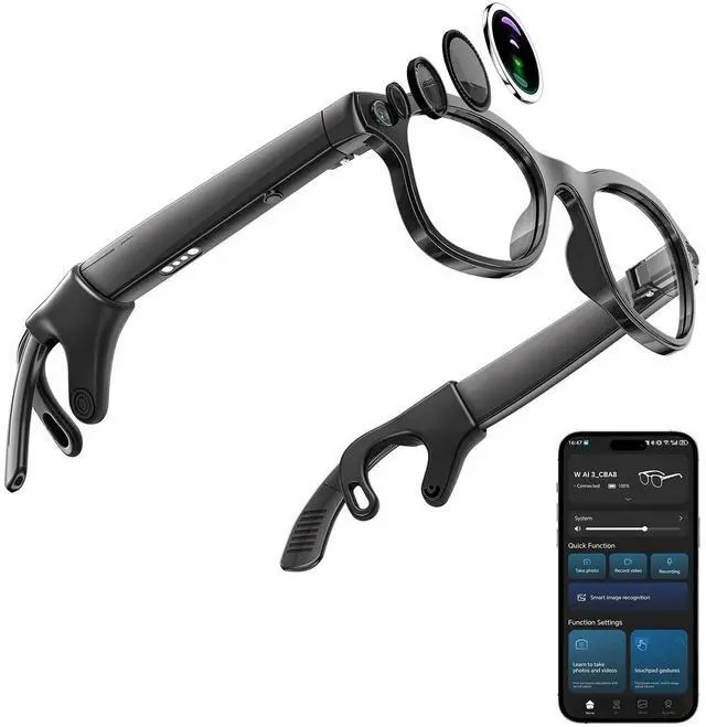 Main image of Smart Glasses with Camera, Bluetooth Music, 800W HD Camera Glasses for Video Recording, Photo Shooting, Voice Recording, AI Glasses for Men Women (W3-White)