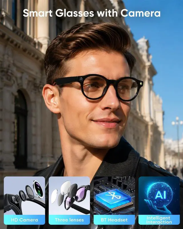 Alt view image 2 of 6 - Smart Glasses with Camera, Bluetooth Music, 800W HD Camera Glasses for Video Recording, Photo Shooting, Voice Recording, AI Glasses for Men Women (W3-White)