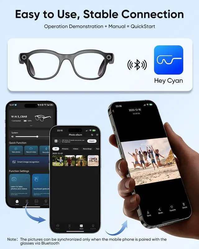 Alt view image 6 of 6 - Smart Glasses with Camera, Bluetooth Music, 800W HD Camera Glasses for Video Recording, Photo Shooting, Voice Recording, AI Glasses for Men Women (W3-White)