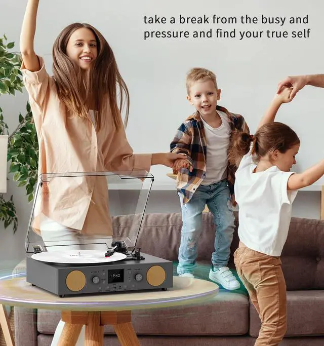 Alt view image 2 of 6 - Gray Bluetooth Record Player, 3-Speed Belt Drive Turntable | Classic gray design with Bluetooth, 3-speed playback, FM radio, USB recording, stereo speakers, AUX and RCA output