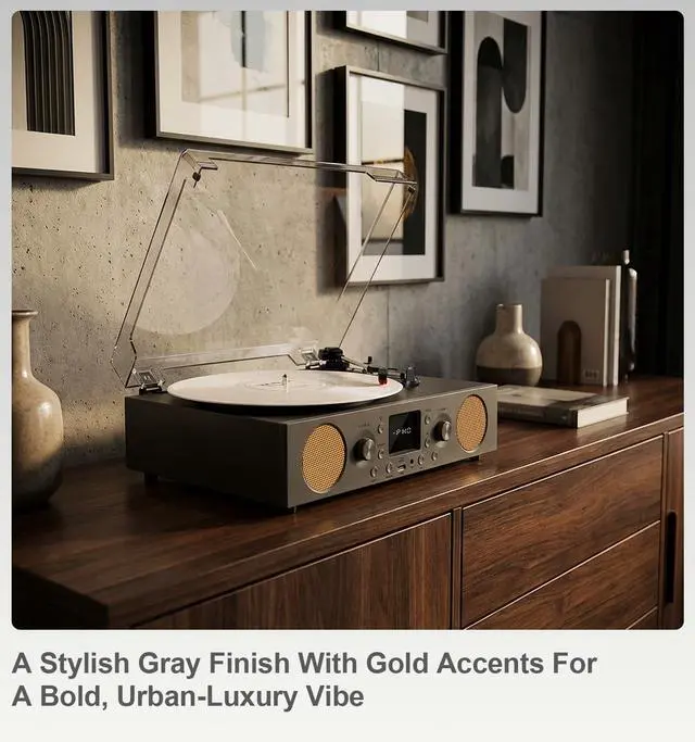 Alt view image 4 of 6 - Gray Bluetooth Record Player, 3-Speed Belt Drive Turntable | Classic gray design with Bluetooth, 3-speed playback, FM radio, USB recording, stereo speakers, AUX and RCA output