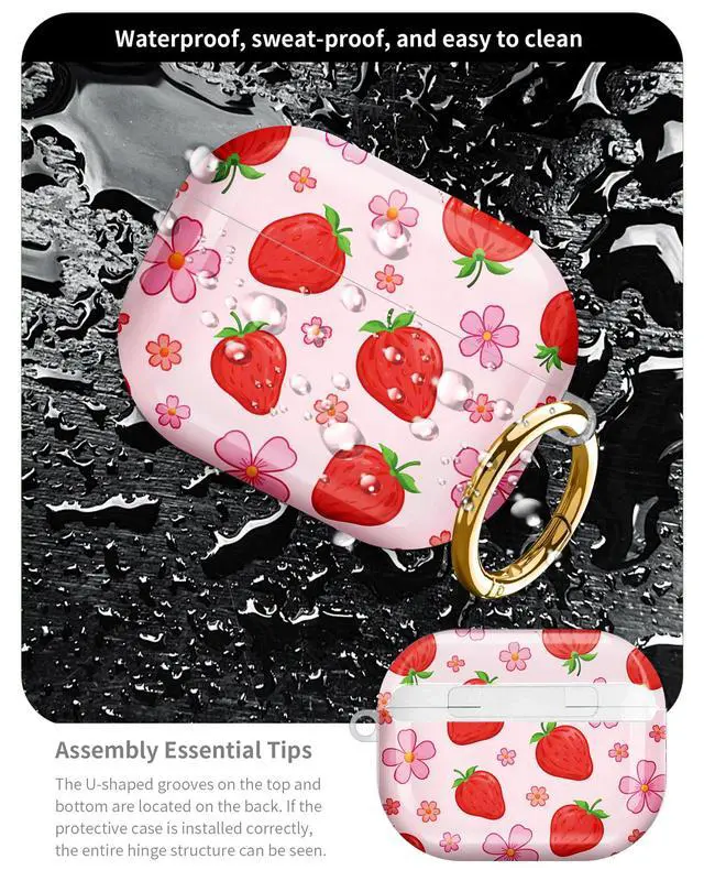 Alt view image 5 of 6 - Compatible with AirPod Pro 3 Case 2025,Shockproof Hard Protective Case,Wireless Charging Compatible, Trendy Elegant Design Cover for Women Men(Strawberries Flowers Bows Pink Background)