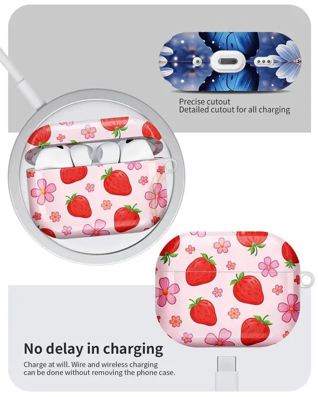 Alt view image 6 of 6 - Compatible with AirPod Pro 3 Case 2025,Shockproof Hard Protective Case,Wireless Charging Compatible, Trendy Elegant Design Cover for Women Men(Strawberries Flowers Bows Pink Background)