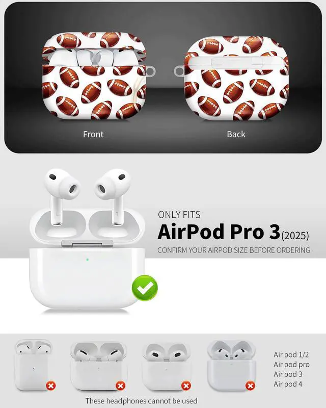 Alt view image 3 of 6 - Compatible with AirPod Pro 3 Case 2025,Shockproof Hard Protective Case,Wireless Charging Compatible, Trendy Elegant Design Cover for Women Men(American Football)