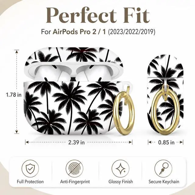 Alt view image 2 of 7 - Compatible with AirPod Pro 2nd/1st Generation Case Cover with Key Chain,Full Protective Shockproof Wireless Headphone Case for Airpod Pro 2023/2022/2019(Black Palm Trees On White)