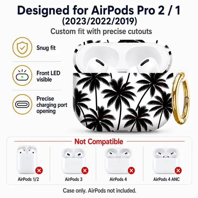 Alt view image 5 of 7 - Compatible with AirPod Pro 2nd/1st Generation Case Cover with Key Chain,Full Protective Shockproof Wireless Headphone Case for Airpod Pro 2023/2022/2019(Black Palm Trees On White)