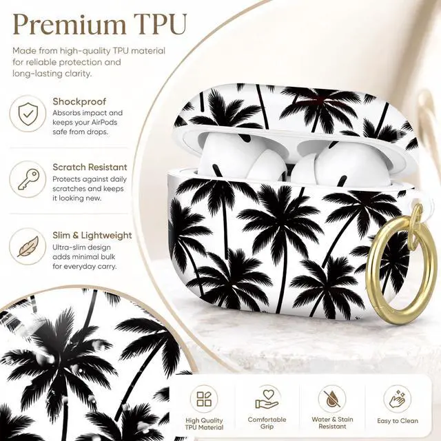 Alt view image 4 of 7 - Compatible with AirPod Pro 2nd/1st Generation Case Cover with Key Chain,Full Protective Shockproof Wireless Headphone Case for Airpod Pro 2023/2022/2019(Black Palm Trees On White)