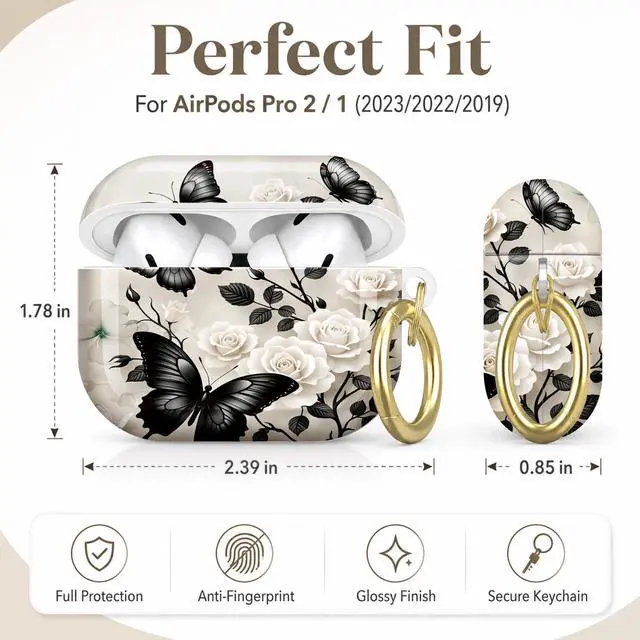 Alt view image 2 of 7 - Compatible with AirPod Pro 2nd/1st Generation Case Cover with Key Chain,Full Protective Shockproof Wireless Headphone Case for Airpod Pro 2023/2022/2019(Black Butterflies White Roses Elegant)