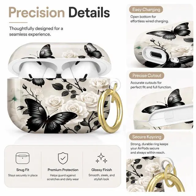 Alt view image 3 of 7 - Compatible with AirPod Pro 2nd/1st Generation Case Cover with Key Chain,Full Protective Shockproof Wireless Headphone Case for Airpod Pro 2023/2022/2019(Black Butterflies White Roses Elegant)