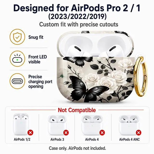 Alt view image 5 of 7 - Compatible with AirPod Pro 2nd/1st Generation Case Cover with Key Chain,Full Protective Shockproof Wireless Headphone Case for Airpod Pro 2023/2022/2019(Black Butterflies White Roses Elegant)