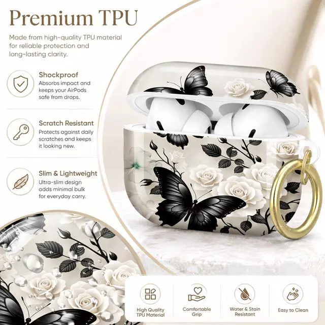 Alt view image 4 of 7 - Compatible with AirPod Pro 2nd/1st Generation Case Cover with Key Chain,Full Protective Shockproof Wireless Headphone Case for Airpod Pro 2023/2022/2019(Black Butterflies White Roses Elegant)