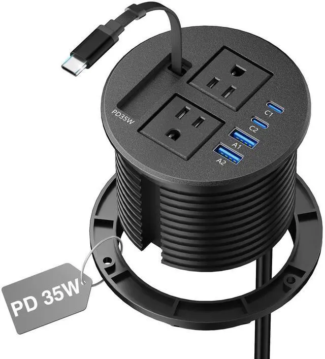 Main image of 3 1/4" Desk Power Grommet with Retractable Cable 35W 2 USB C, 2 Outlets | Flush Mount Recessed Outlet, 2 USB-C PD 35W, 2 USB-A 18W, for Nightstand, Desktop, Conference Table, Black