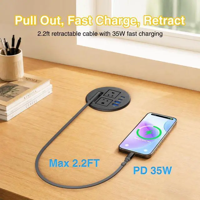 Alt view image 2 of 7 - 3 1/4" Desk Power Grommet with Retractable Cable 35W 2 USB C, 2 Outlets | Flush Mount Recessed Outlet, 2 USB-C PD 35W, 2 USB-A 18W, for Nightstand, Desktop, Conference Table, Black