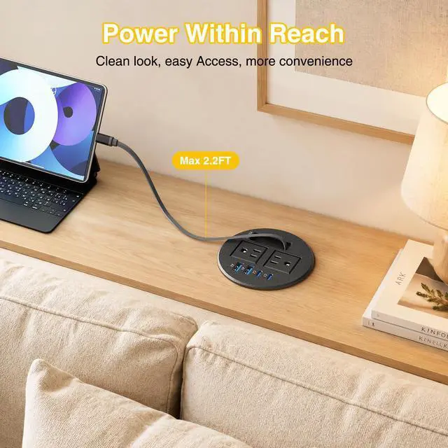Alt view image 4 of 7 - 3 1/4" Desk Power Grommet with Retractable Cable 35W 2 USB C, 2 Outlets | Flush Mount Recessed Outlet, 2 USB-C PD 35W, 2 USB-A 18W, for Nightstand, Desktop, Conference Table, Black