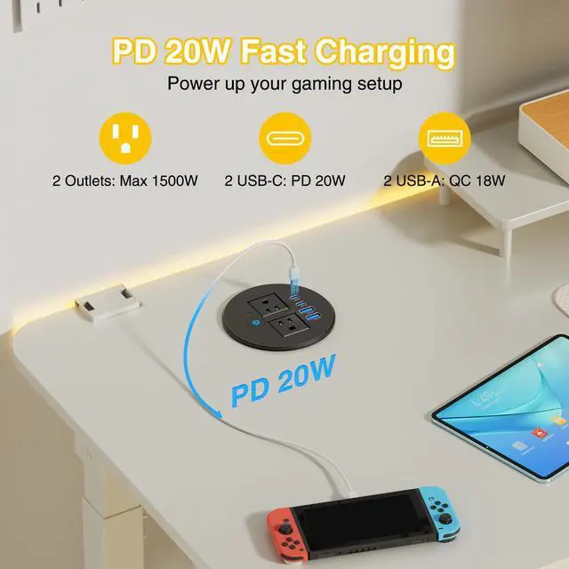 Alt view image 3 of 7 - 3 1/4" Desk Power Grommet with Retractable Cable 35W 2 USB C, 2 Outlets | Flush Mount Recessed Outlet, 2 USB-C PD 35W, 2 USB-A 18W, for Nightstand, Desktop, Conference Table, Black