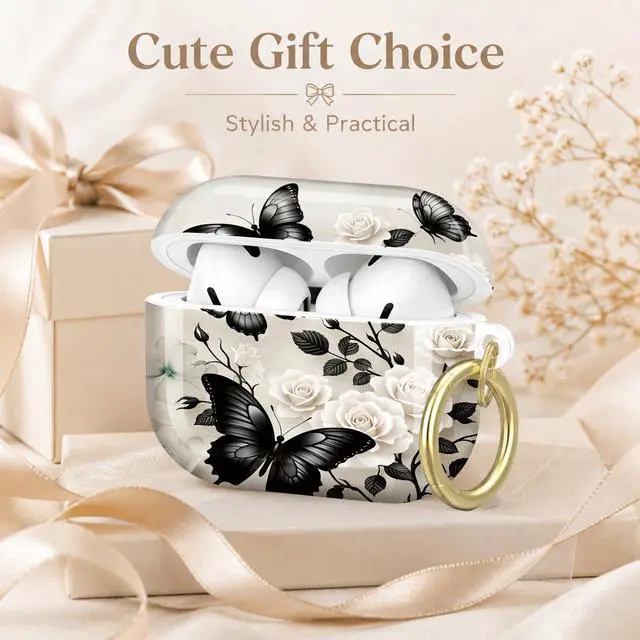 Alt view image 7 of 7 - Compatible with AirPod Pro 2nd/1st Generation Case Cover with Key Chain,Full Protective Shockproof Wireless Headphone Case for Airpod Pro 2023/2022/2019(Black Butterflies White Roses Elegant)