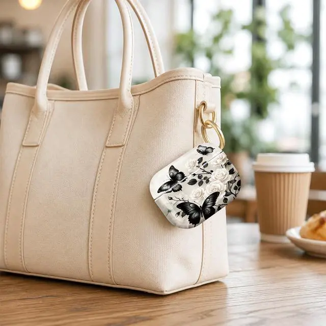Alt view image 6 of 7 - Compatible with AirPod Pro 2nd/1st Generation Case Cover with Key Chain,Full Protective Shockproof Wireless Headphone Case for Airpod Pro 2023/2022/2019(Black Butterflies White Roses Elegant)