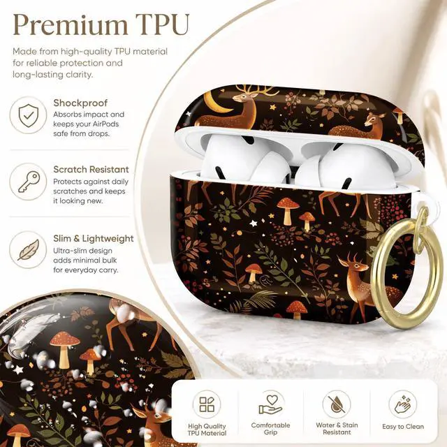 Alt view image 4 of 7 - Compatible with AirPod Pro 2nd/1st Generation Case Cover with Key Chain,Full Protective Shockproof Wireless Headphone Case for Airpod Pro 2023/2022/2019(Deer Mushrooms Leaves Berries Stars)