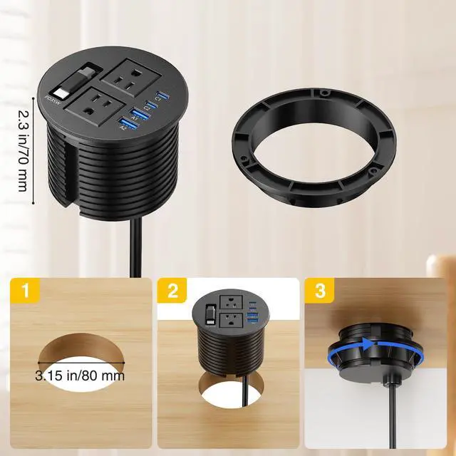 Alt view image 7 of 7 - 3 1/4" Desk Power Grommet with Retractable Cable 35W 2 USB C, 2 Outlets | Flush Mount Recessed Outlet, 2 USB-C PD 35W, 2 USB-A 18W, for Nightstand, Desktop, Conference Table, Black