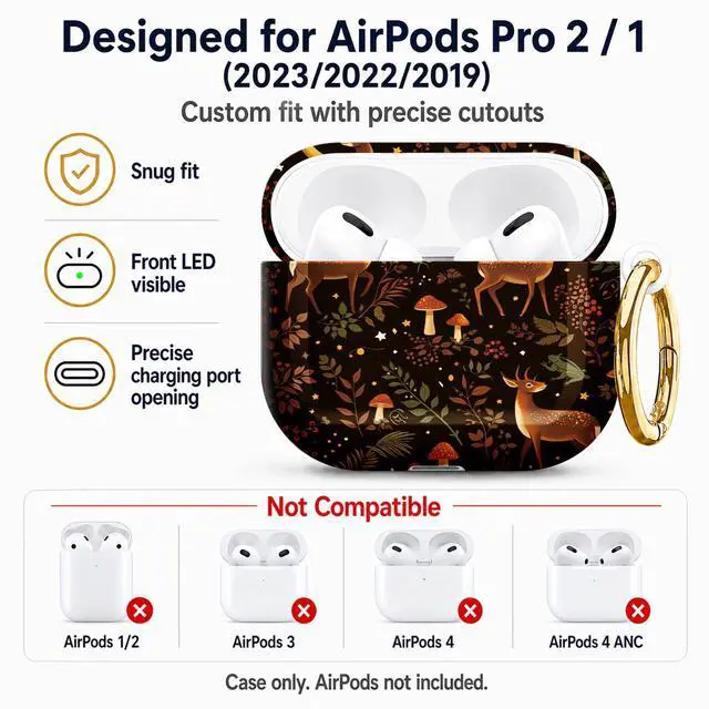 Alt view image 5 of 7 - Compatible with AirPod Pro 2nd/1st Generation Case Cover with Key Chain,Full Protective Shockproof Wireless Headphone Case for Airpod Pro 2023/2022/2019(Deer Mushrooms Leaves Berries Stars)