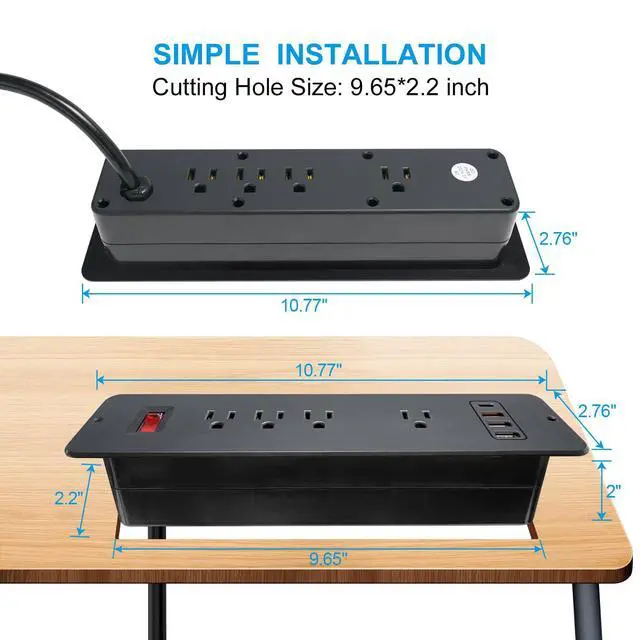 Alt view image 2 of 6 - 8 Outlets Dual Side USB C Recessed Power Strip Flush Mount Charging Station Built in Desk Multiple Power Socket for Furniture Cabinet Table Conference (Black)