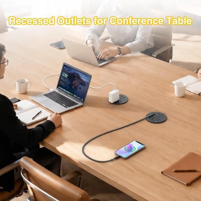 Alt view image 6 of 7 - 3 1/4" Desk Power Grommet with Retractable Cable 35W 2 USB C, 2 Outlets | Flush Mount Recessed Outlet, 2 USB-C PD 35W, 2 USB-A 18W, for Nightstand, Desktop, Conference Table, Black
