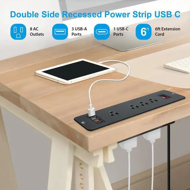 Alt view image 3 of 6 - 8 Outlets Dual Side USB C Recessed Power Strip Flush Mount Charging Station Built in Desk Multiple Power Socket for Furniture Cabinet Table Conference (Black)