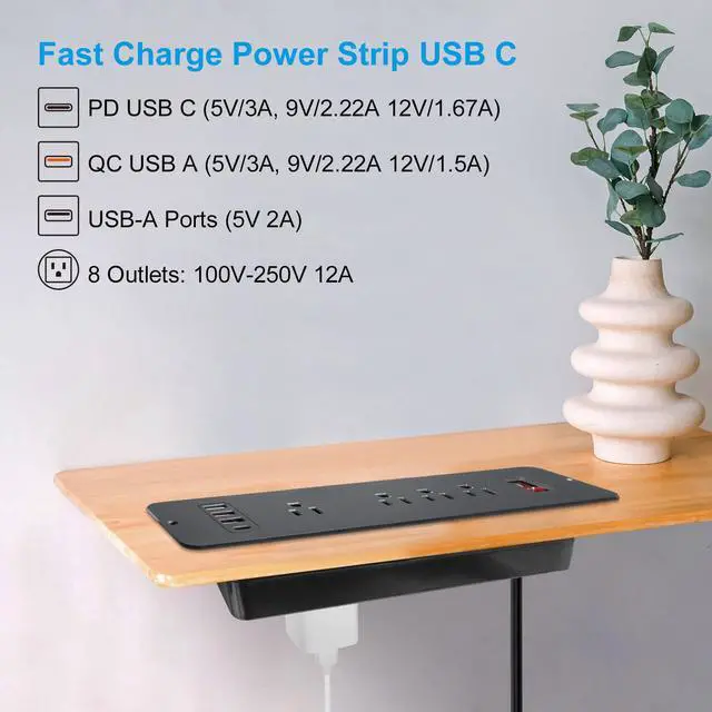 Alt view image 5 of 6 - 8 Outlets Dual Side USB C Recessed Power Strip Flush Mount Charging Station Built in Desk Multiple Power Socket for Furniture Cabinet Table Conference (Black)